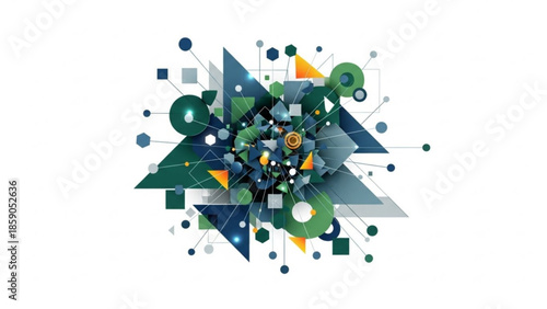 Vibrant geometric shapes in shades of green, blue, and yellow, forming a dynamic abstract