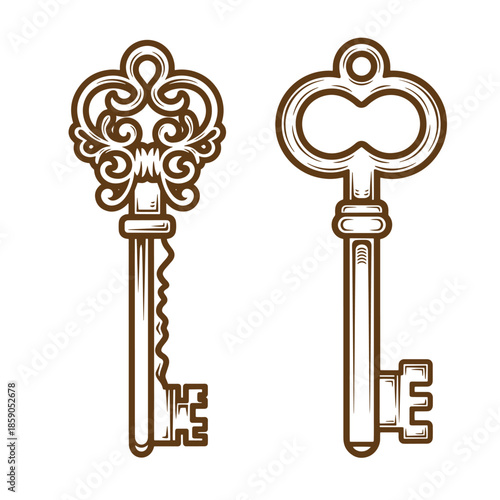 Vintage ornate antique keys with intricate designs on white background