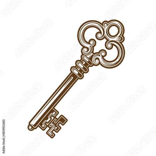 Vintage ornate antique skeleton key with intricate design on handle isolated on transparent background