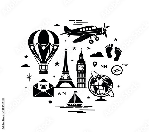 Travel and adventure icons featuring famous landmarks and modes of transportation