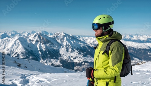 Wallpaper Mural A person in ski gear stands on a snowy mountain peak, admiring the panoramic view of the majestic snow-capped Alps under a clear blue sky. Torontodigital.ca