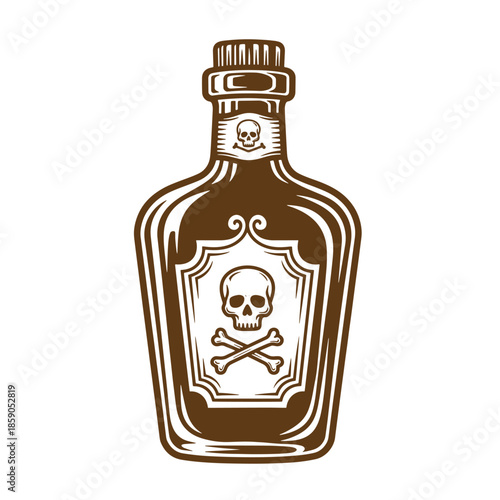 Vintage poison bottle with skull and crossbones on label isolated on white background