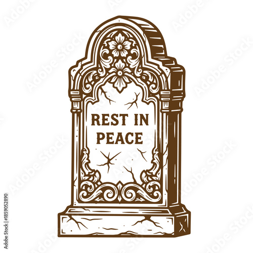 Vintage rest in peace tombstone with cracked surface and ornate design on transparent background