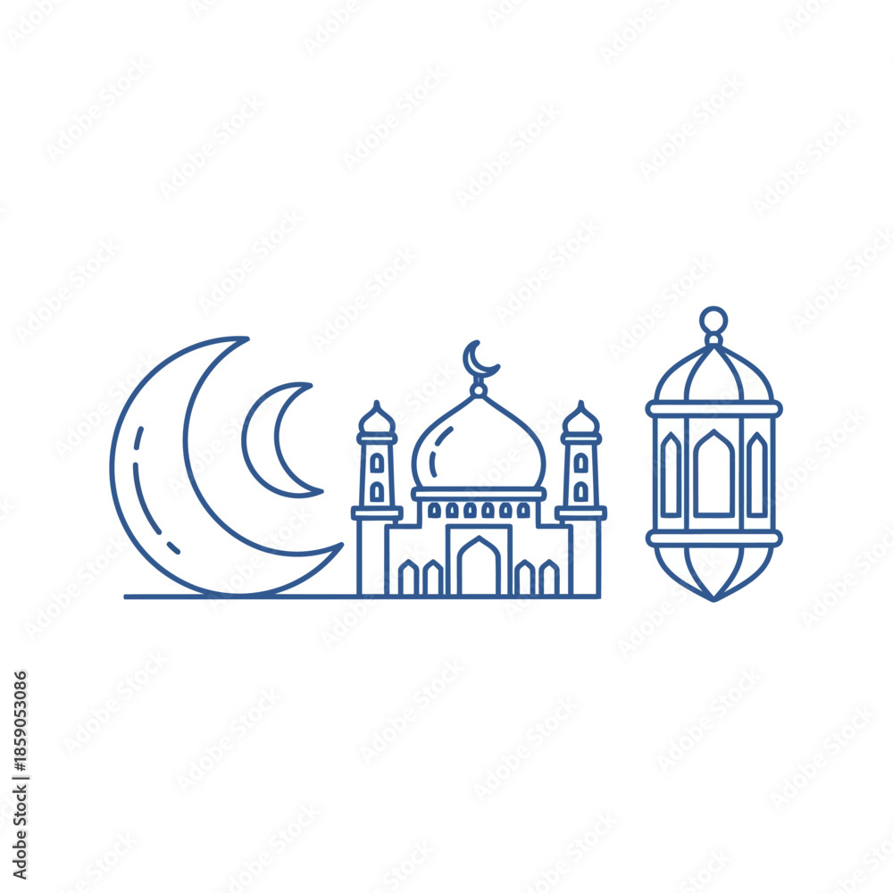 Fototapeta premium Islamic Mosque Crescent Moon and Lantern Line Art Icon