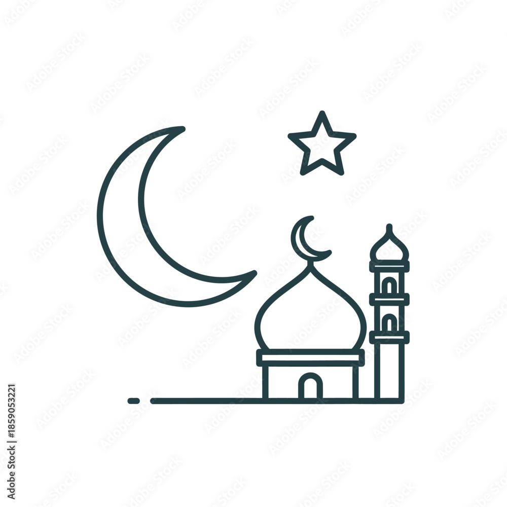 Obraz premium Islamic mosque icon with crescent moon and star, minimalist outline design