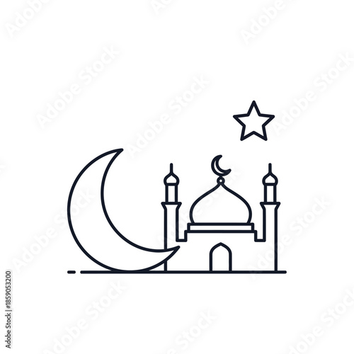 Islamic Mosque Icon with Crescent Moon and Star - Minimalist Line Art
