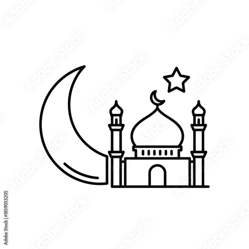 Islamic Mosque Icon with Crescent Moon and Star - Minimalist Line Art