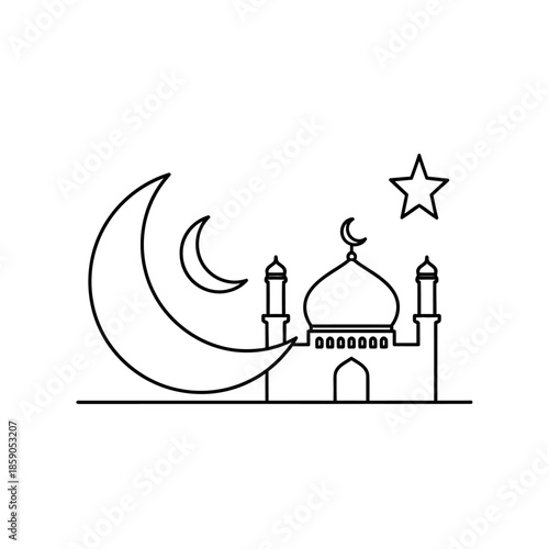 Islamic Mosque Icon with Crescent Moon and Star - Minimalist Line Art