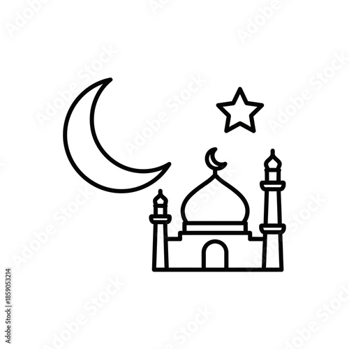 Islamic Mosque Icon with Crescent Moon and Star - Simple Line Art