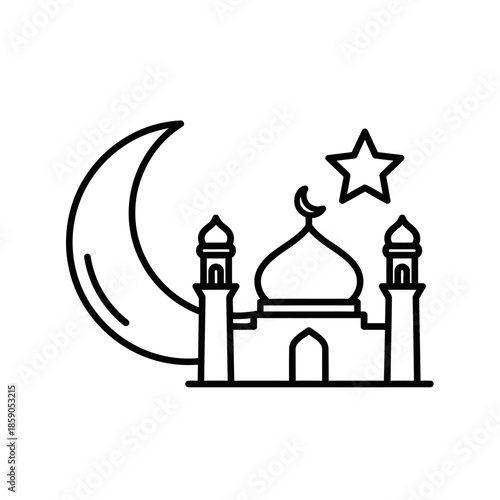 Islamic Mosque Icon with Crescent Moon and Star - Simple Line Art