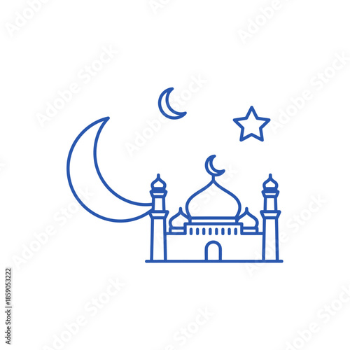 Islamic mosque icon with crescent moon and star, Ramadan symbol, blue outline design