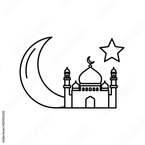 Islamic Mosque Icon with Crescent Moon and Star, Ramadan Symbol, Line Art