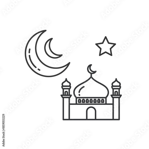 Islamic Mosque Icon with Crescent Moon and Star, Ramadan Symbol, Outline Vector