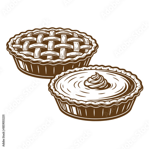Vintage Two brown pie illustrations one with a lattice crust and one with whipped cream isolated on white background