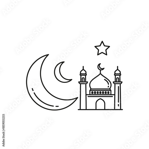 Islamic Mosque Icon with Crescent Moon and Star, Ramadan Symbol, Line Art