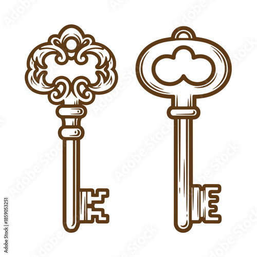 Vintage Two vintage ornate skeleton keys with intricate designs on transparent background
