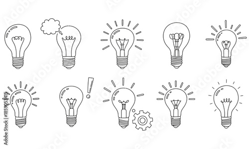 Creative light bulb idea and innovation hand drawn icons set