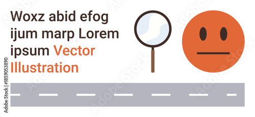 Research, navigation, observation, road traffic, analysis, minimalism. Magnifying glass, neutral face road and text. Research and navigation concepts through clean visual elements