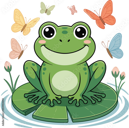 Smiling Cartoon Frog on Lily Pad with Butterflies Vector Graphic Illustration for Kids' Storybooks and Educational Materials