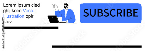 Website design, digital marketing, subscription services, online education, content management, user engagement. A man pointing while using a laptop near a subscribe button. Digital marketing