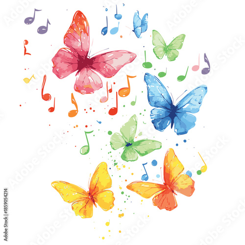 Watercolor colorful butterflies flying among musical notes , vector style simple color