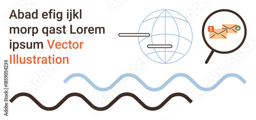 Digital communication, email notifications, global network, data exchange, online messaging, workflow organization. Abstract globe, magnifying glass with envelopes lines and shapes. Digital