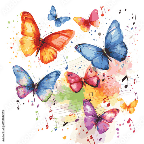 Watercolor colorful butterflies flying among musical notes , vector style simple color