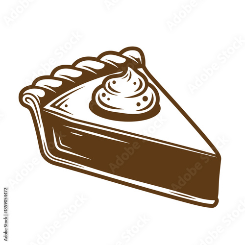 Vintage A slice of chocolate cream pie with whipped topping and pastry crust  dessert food illustration