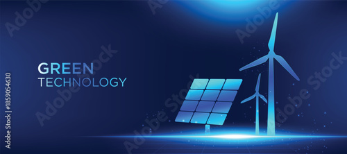 Green technology renewable energy concept with wind turbines and solar panels. Modern clean energy vector illustration for sustainability, eco innovation, and future power