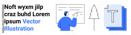 E-learning, education tools, content creation, document design, brainstorming, productivity. A man drawing on a board, a tree shape and document icons. E-learning and content creation visual concept