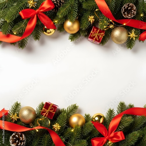 Christmas tree border with ornaments and ribbons