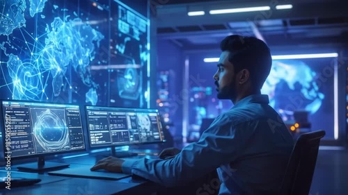 Man working in a data center, analyzing data.