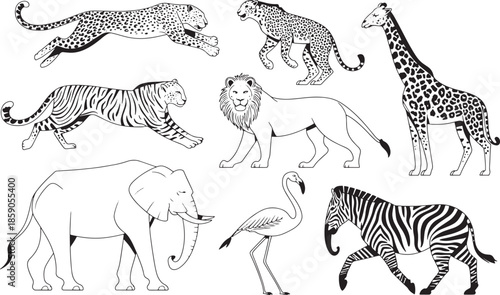 African wild animals presented as black and white outlines captivating collection of diverse