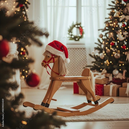 A festive wooden rocking horse with santa hat in a christmas setting