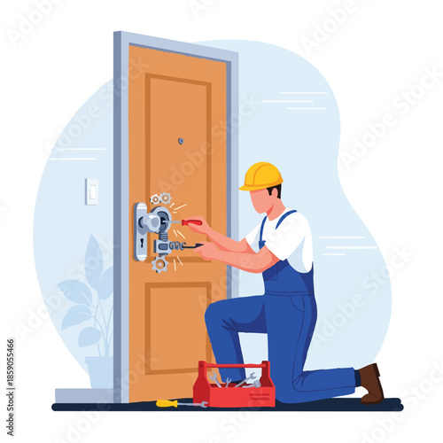 Locksmith Repairing Door Lock Home Security Service Maintenance.