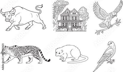 animals and a house collection bundle set line art illustrations featuring