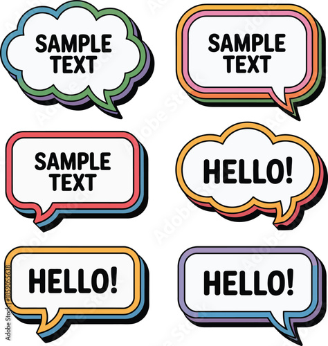 Colorful layered speech bubbles and chat boxes with sample text and hello greetings