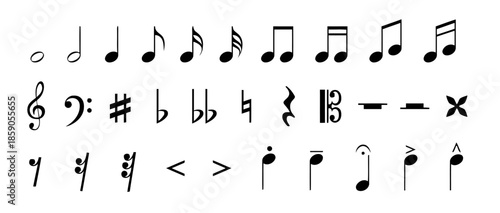 Musical Note Symbols Collection of Music Notation Elements Including Notes Rests Clefs Sharps and Flats for Use in Musical Compositions and Educational Materials