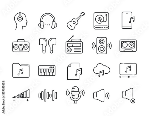 Music Icons Set Depicting Sound Audio Song Headphones Microphone Instruments Volume Entertainment Listening Production Recording and other Related Subjects