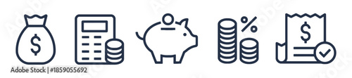 Money and Finance Icons Set Bag Calculator Piggy Bank Coins Receipt Bill Check Icon Graphic Element for Website Business Presentation Corporate Identity E-Commerce 200x200