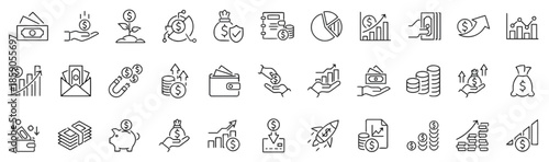 Money and Finance Icons Collection Vector Line Art Pictograms of Financial Transactions Investments and Business Growth