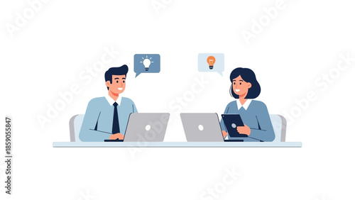 Teamwork and collaboration concept, business people with laptops and idea bubbles communicating