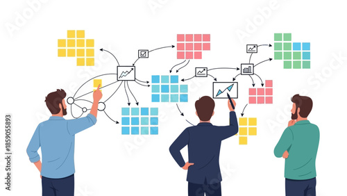 Teamwork and collaboration on a wall chart Illustrating business strategy and planning