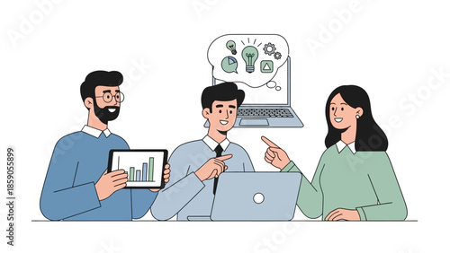 Team Collaboration Brainstorming Session with Laptop, Tablet, and Idea Bubbles