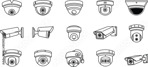 Security camera vector illustration set, surveillance system icons, dome camera, bullet camera, CCTV device, monitoring equipment, black and white line drawings