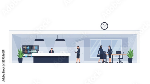 Modern office reception area with employees at work, business atmosphere, interior design concept