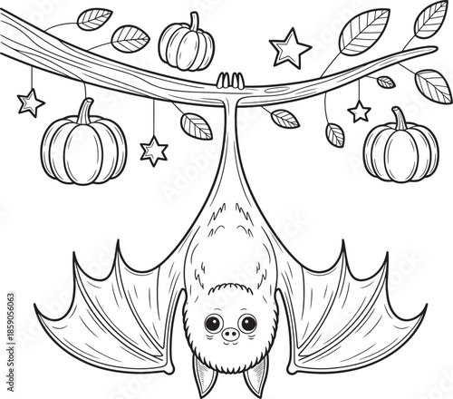 bat hanging upside down among Halloween decorations on branch vector illustration line art royalty free stock photos premium quality