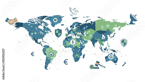 A colorful world map with various countries highlighted in blue and green, depicting geopolitics and security on a white background with a flat, illustrative style.