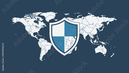 A shield with a blue and white checkered pattern overlays a world map on a dark blue background, symbolizing global geopolitics and security.