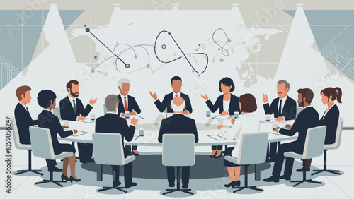 Business professionals engaged in a meeting discussing geopolitics and security issues around a conference table with a world map in the background.